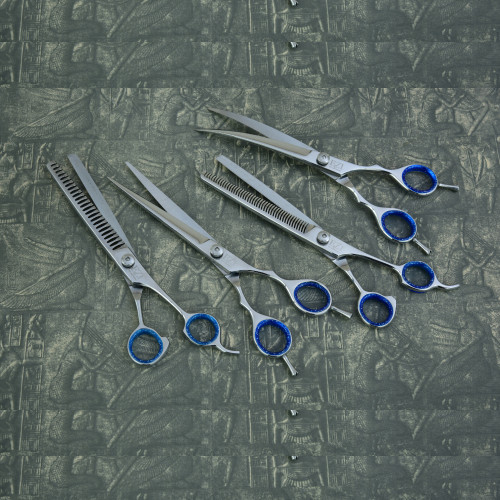 SILVER SHEARS WITH BLUE RINGS GROOMING SCISSORS